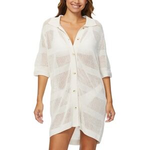 Raisins Knit Cover Up Womens Cream New Button Front Pointelle Beach Shirt Sz S $